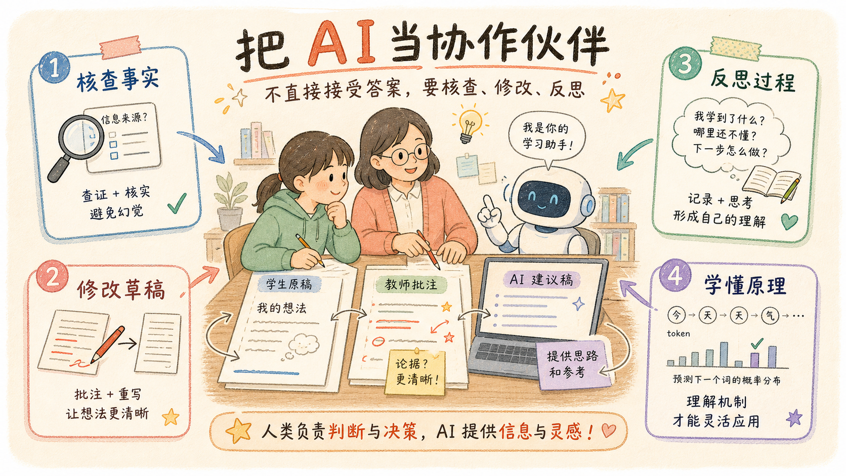 把 AI 当协作伙伴而非答案机器的手绘插图